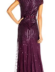 Adrianna Papell Women's Long Beaded V-Neck Dress with Cap Sleeves and Waistband, Cassis, 10