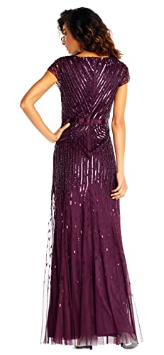 Adrianna Papell Women's Long Beaded V-Neck Dress with Cap Sleeves and Waistband, Cassis, 10