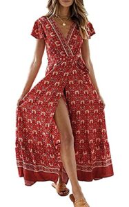 zesica women’s 2023 bohemian floral printed wrap v neck short sleeve split beach party maxi dress,red2,medium