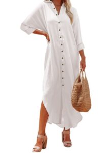 dokotoo womens plus size casual summer spring wrap button down front cotton long sleeve maxi dress long cardigan beach boho cover ups shirt dresses for women 2023 white small