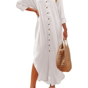 Dokotoo Womens Plus Size Casual Summer Spring Wrap Button Down Front Cotton Long Sleeve Maxi Dress Long Cardigan Beach Boho Cover Ups Shirt Dresses for Women 2023 White Small