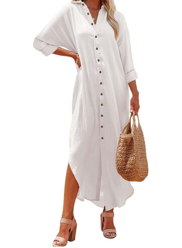 Dokotoo Womens Plus Size Casual Summer Spring Wrap Button Down Front Cotton Long Sleeve Maxi Dress Long Cardigan Beach Boho Cover Ups Shirt Dresses for Women 2023 White Small