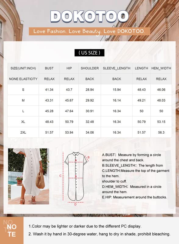 Dokotoo Womens Plus Size Casual Summer Spring Wrap Button Down Front Cotton Long Sleeve Maxi Dress Long Cardigan Beach Boho Cover Ups Shirt Dresses for Women 2023 White Small