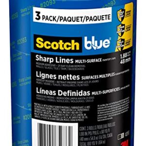 Scotch Painter's Tape 2093-48TC3 2093 Sharp Lines Multi-Surface Painters Tape, 3 rolls, Blue, 3 rolls