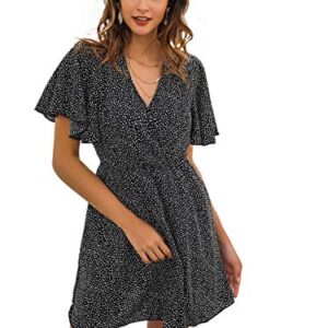 Romwe Women's Short Sleeve V Neck All Over Print High Waist A Line Summer Short Dress Black S