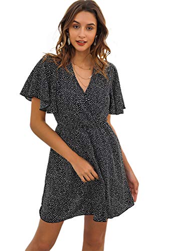 Romwe Women's Short Sleeve V Neck All Over Print High Waist A Line Summer Short Dress Black S