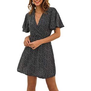 Romwe Women's Short Sleeve V Neck All Over Print High Waist A Line Summer Short Dress Black S