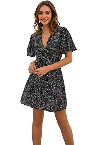 Romwe Women's Short Sleeve V Neck All Over Print High Waist A Line Summer Short Dress Black S