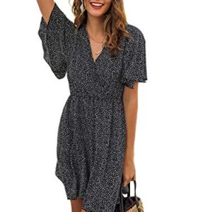 Romwe Women's Short Sleeve V Neck All Over Print High Waist A Line Summer Short Dress Black S