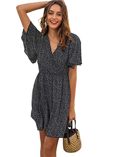 Romwe Women's Short Sleeve V Neck All Over Print High Waist A Line Summer Short Dress Black S