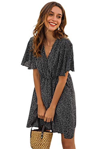 Romwe Women's Short Sleeve V Neck All Over Print High Waist A Line Summer Short Dress Black S