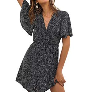 Romwe Women's Short Sleeve V Neck All Over Print High Waist A Line Summer Short Dress Black S