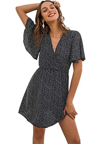 Romwe Women's Short Sleeve V Neck All Over Print High Waist A Line Summer Short Dress Black S