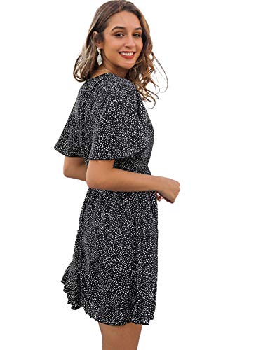 Romwe Women's Short Sleeve V Neck All Over Print High Waist A Line Summer Short Dress Black S