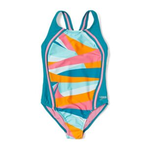speedo girls’ swimsuit one piece thick strap racer back printed, wavy enamal blue splice, 8 big kid