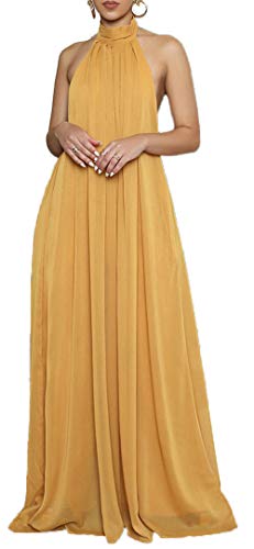 CHARTOU Women's Elegant Loose Fit Chiffon Halter Neck Backless Wide Leg Jumpsuit (Large,Yellow)