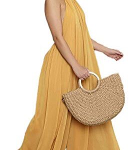 CHARTOU Women's Elegant Loose Fit Chiffon Halter Neck Backless Wide Leg Jumpsuit (Large,Yellow)