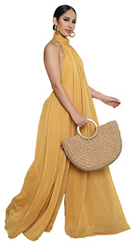 CHARTOU Women's Elegant Loose Fit Chiffon Halter Neck Backless Wide Leg Jumpsuit (Large,Yellow)