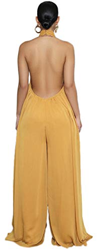 CHARTOU Women's Elegant Loose Fit Chiffon Halter Neck Backless Wide Leg Jumpsuit (Large,Yellow)