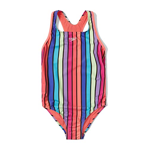 Speedo Girls' Swimsuit One Piece Closed Racerback, Rainbow Stripe Anthracite, 7