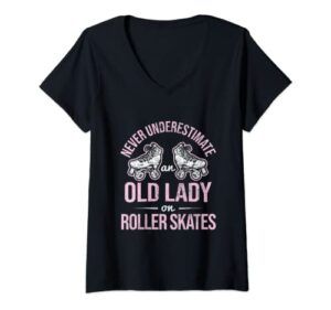 womens old lady on roller derby roller skating roller skate v-neck t-shirt