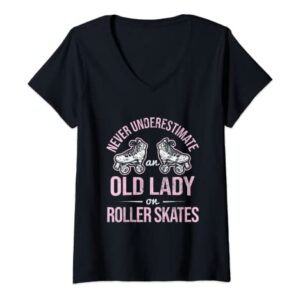 Womens Old Lady On Roller Derby Roller Skating Roller Skate V-Neck T-Shirt