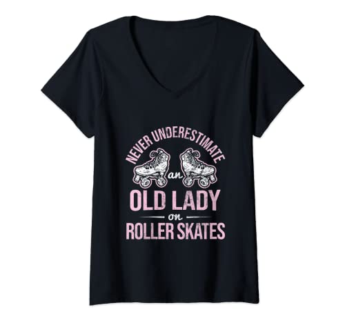 Womens Old Lady On Roller Derby Roller Skating Roller Skate V-Neck T-Shirt
