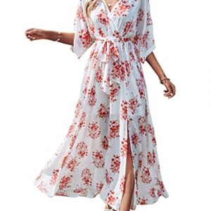 ANRABESS Women Kimono Summer Side Split Wrap V Neck Short Sleeves Maxi Dress Floral Print Beach Dress with Belt 487honghuacao-XL