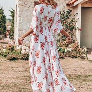 ANRABESS Women Kimono Summer Side Split Wrap V Neck Short Sleeves Maxi Dress Floral Print Beach Dress with Belt 487honghuacao-XL