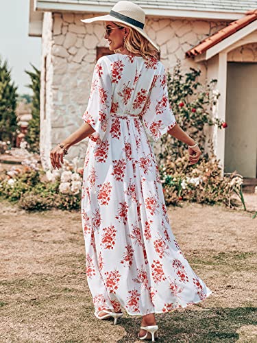 ANRABESS Women Kimono Summer Side Split Wrap V Neck Short Sleeves Maxi Dress Floral Print Beach Dress with Belt 487honghuacao-XL