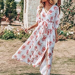 ANRABESS Women Kimono Summer Side Split Wrap V Neck Short Sleeves Maxi Dress Floral Print Beach Dress with Belt 487honghuacao-XL