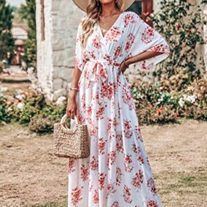 ANRABESS Women Kimono Summer Side Split Wrap V Neck Short Sleeves Maxi Dress Floral Print Beach Dress with Belt 487honghuacao-XL