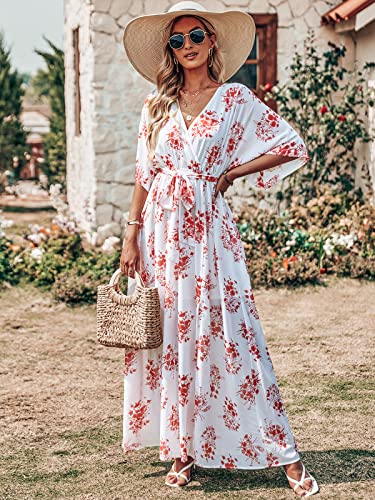 ANRABESS Women Kimono Summer Side Split Wrap V Neck Short Sleeves Maxi Dress Floral Print Beach Dress with Belt 487honghuacao-XL