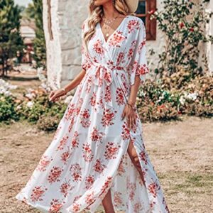 ANRABESS Women Kimono Summer Side Split Wrap V Neck Short Sleeves Maxi Dress Floral Print Beach Dress with Belt 487honghuacao-XL