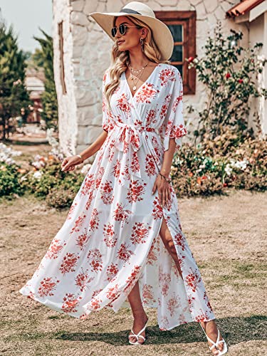 ANRABESS Women Kimono Summer Side Split Wrap V Neck Short Sleeves Maxi Dress Floral Print Beach Dress with Belt 487honghuacao-XL