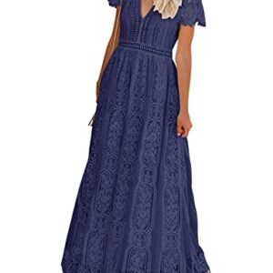 MEROKEETY Women's V Neck Short Sleeve Floral Lace Wedding Dress Bridesmaid Cocktail Party Maxi Dress Navy