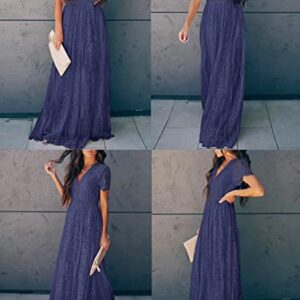 MEROKEETY Women's V Neck Short Sleeve Floral Lace Wedding Dress Bridesmaid Cocktail Party Maxi Dress Navy