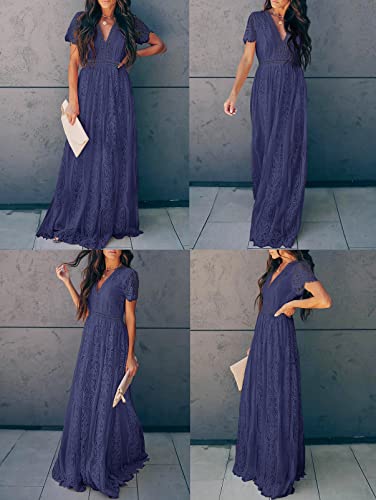 MEROKEETY Women's V Neck Short Sleeve Floral Lace Wedding Dress Bridesmaid Cocktail Party Maxi Dress Navy