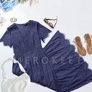 MEROKEETY Women's V Neck Short Sleeve Floral Lace Wedding Dress Bridesmaid Cocktail Party Maxi Dress Navy