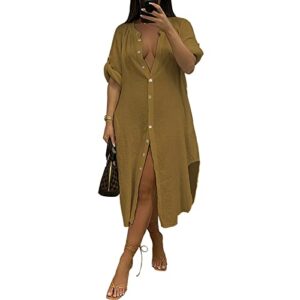 Womens Casual Button Down Shirt Dress Side Split Kimonos Swimsuit Cover up Beachwear Coffee S