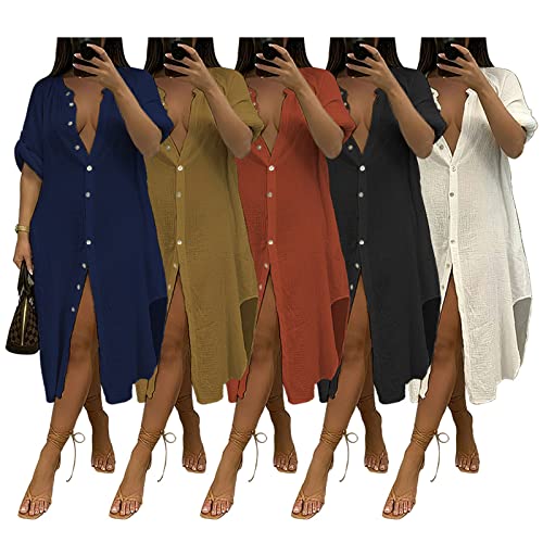 Womens Casual Button Down Shirt Dress Side Split Kimonos Swimsuit Cover up Beachwear Coffee S