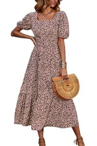 prettygarden women’s bohemian dress leopard tie-back square neck puff sleeve ruffled hem summer maxi dresses(pink,large)