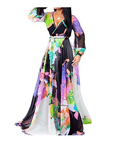 lvenzse Womens Chiffon Deep V Neck Printed Stylish Maxi Dress Dresses High Slim Waisted Belt Plus Size