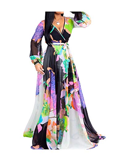 lvenzse Womens Chiffon Deep V Neck Printed Stylish Maxi Dress Dresses High Slim Waisted Belt Plus Size