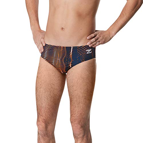 Speedo Men's Standard Swimsuit Brief Endurance+ Printed Team Colors, Solar Navy/Orange, 32