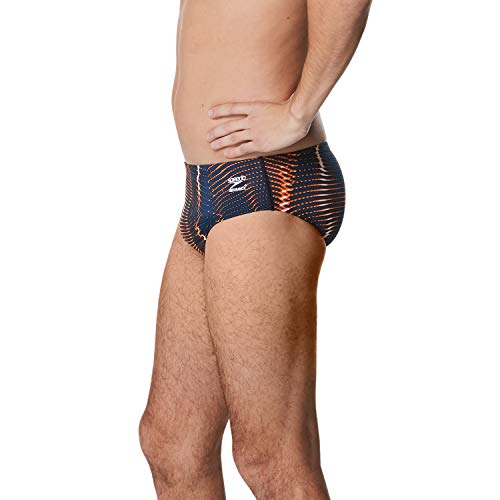 Speedo Men's Standard Swimsuit Brief Endurance+ Printed Team Colors, Solar Navy/Orange, 32