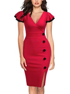 miusol women’s navy style deep-v neck vintage evening pencil dress(x-large,red)