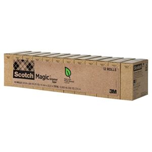 scotch magic greener tape, 12 rolls, numerous applications, invisible, engineered for repairing, 3/4 x 900 inches, boxed (812-12p)