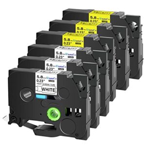 usuperink 6 pack compatible for brother p-touch hse-611 black on yellow hse-211 black on white 5.8mm 0.23” heat shrink tubing label tape for wire cable use in pt-p710bt p700 p750w p900 label printer