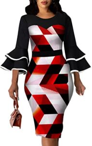 elegant bodycon dresses for women sexy long ruffles sleeve fit casual midi pencil business suiting for party night with zipper